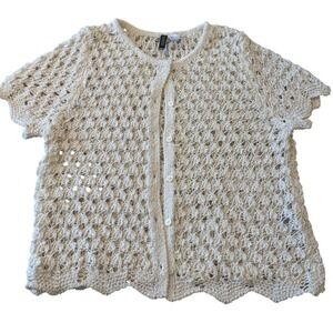 H&M Divided Cream Crochet Knit Cardigan Short Sleeve Scalloped Hem Ivory Large